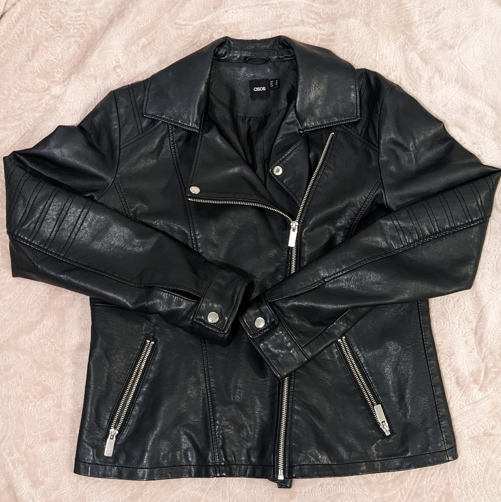 ASOS Faux Leather Motorcycle Jacket US 10 Women's Zippered Pockets